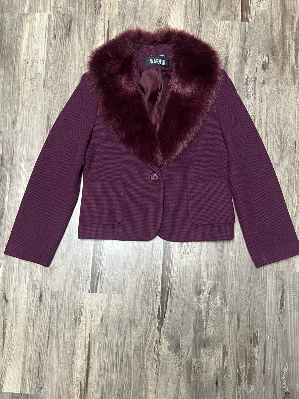 Vintage Marvin Richards 90s Plum Wool Cropped Blazer Jacket Faux Fur Collar